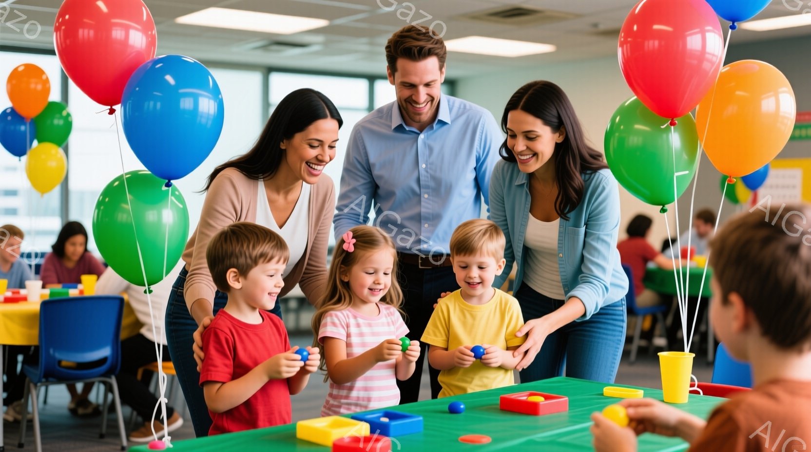 3人の子供と2人の大人が明るい部屋で遊んでいます。子供たちはそれぞれ赤、ピンク、黄色の服を着ていて、小さなカラフルなブロックを手に持っています。大人は笑顔で子供たちの様子を見守り、部屋にはカラフルな風 - AI生成フリー素材