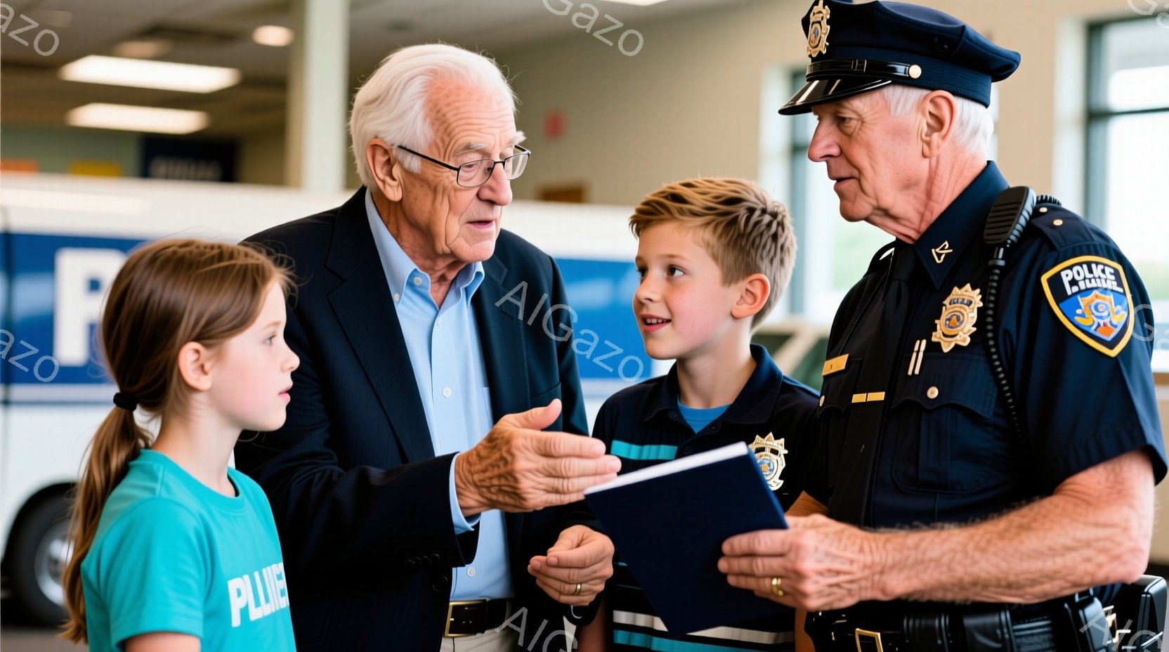 警察官と二人の子供が写っています。警察官は制服姿で、片手に書類を持ち、子供たちに何かを説明しているようです。子供たちは興味深そうに警察官の話を聞いており、背景には白と青の壁が見え、室内で撮影されたことがわかります。