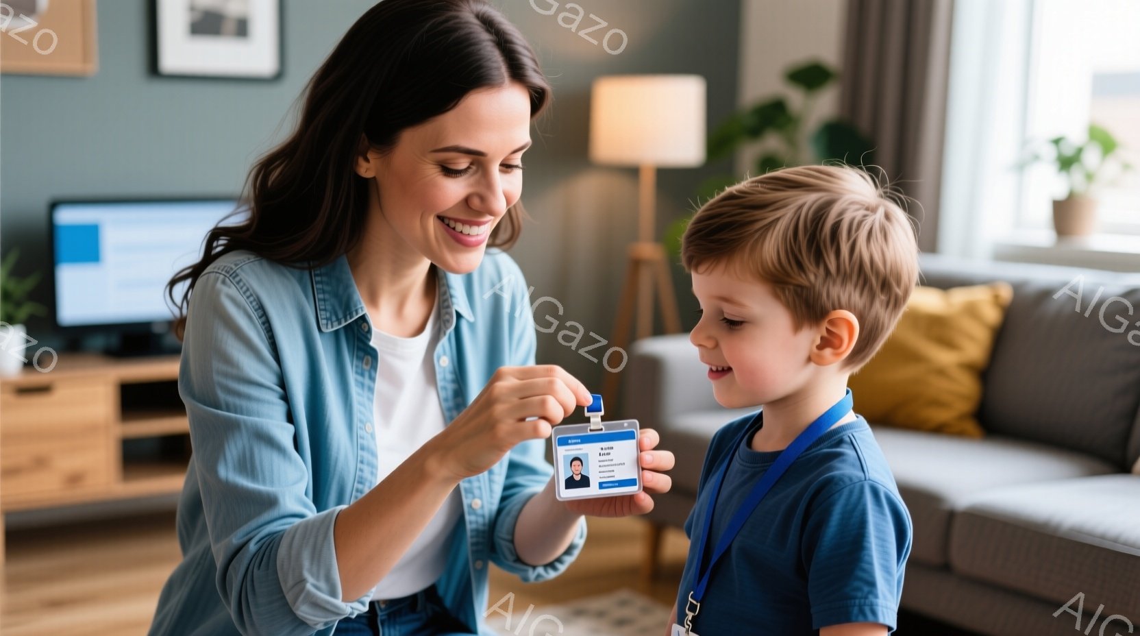 母親が子どもを励ます。女性は白色の長袖ブランドジーンズを着用、髪型はロングヘアでストレッチャブルファスナー。男児は青いTシャツと紺色のデニムジーンズを着ており、母親に抱きつく。室内では白い壁や家具が見られ、明るく質の良い空間である。母女子と男児の関係性は愛情に溢れており、共有されたモバイルデバイスを通じて紹介されるサービスが示唆される。