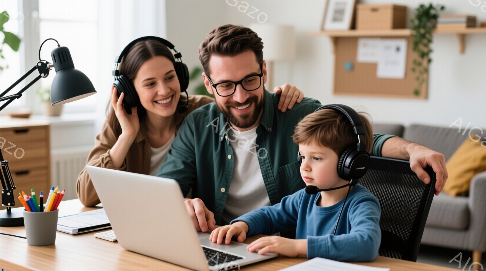 一人の母親と父親が、ヘッドホンをつけた息子と一緒にパソコンを見ています。母親は茶色の髪をしており、笑顔で息子の肩に手を置いている一方、父親は眼鏡をかけ、パソコンを見ながら微笑んでいます。背景には木製の - AI生成フリー素材