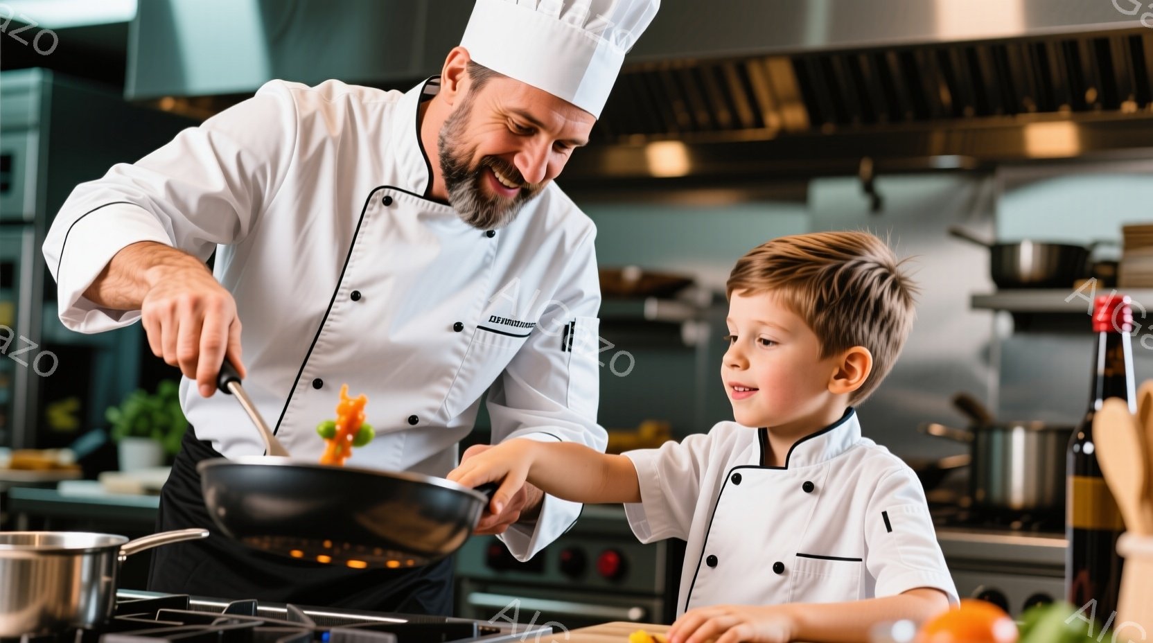 白いコックコートと帽子を着用した大人が、フライパンを小さな子供に手渡しています。大人は笑顔で、子供は少し緊張しながらも好奇心を持ってフライパンを受け取ろうとしています。背景には調理器具や調味料が並び、プロの厨房のような雰囲気で、料理教室や親子での料理体験の場面のようです。