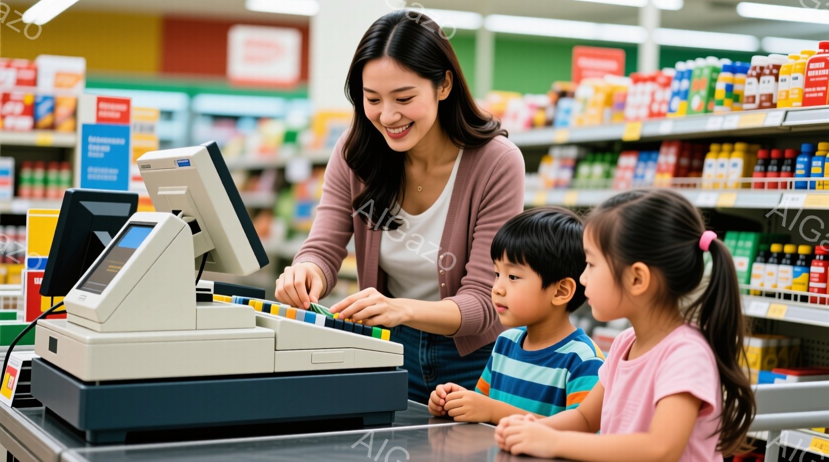 スーパーマーケットのレジでお母さんが子供たちと一緒に買い物をしている様子が写っています。母親はベージュのカーディガンを着て微笑み、子供たちに何かを説明しているようです。子供たちはそれぞれピンクと青のシャツを着ており、母親を見上げています。