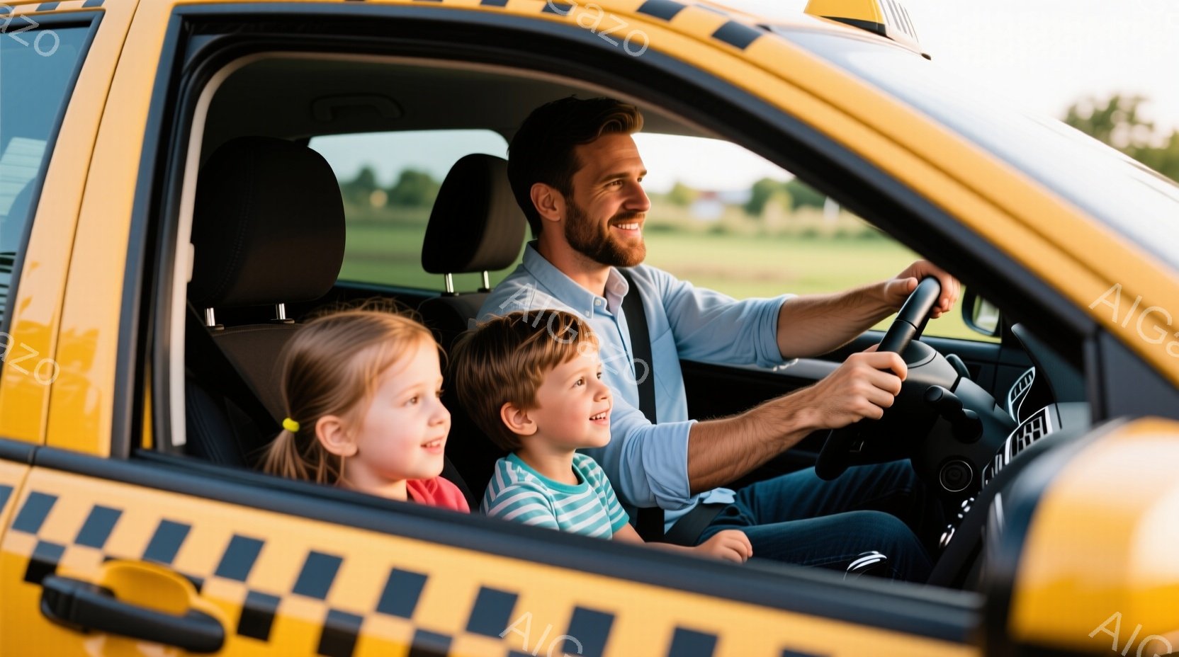 黄色のタクシーの中で、父親と二人の子供が写っている。父親は青いシャツを着ており、笑顔でハンドルを握っている。二人の子供はそれぞれ赤い髪と茶色の髪で、楽しそうにタクシーの窓から外を見ている。