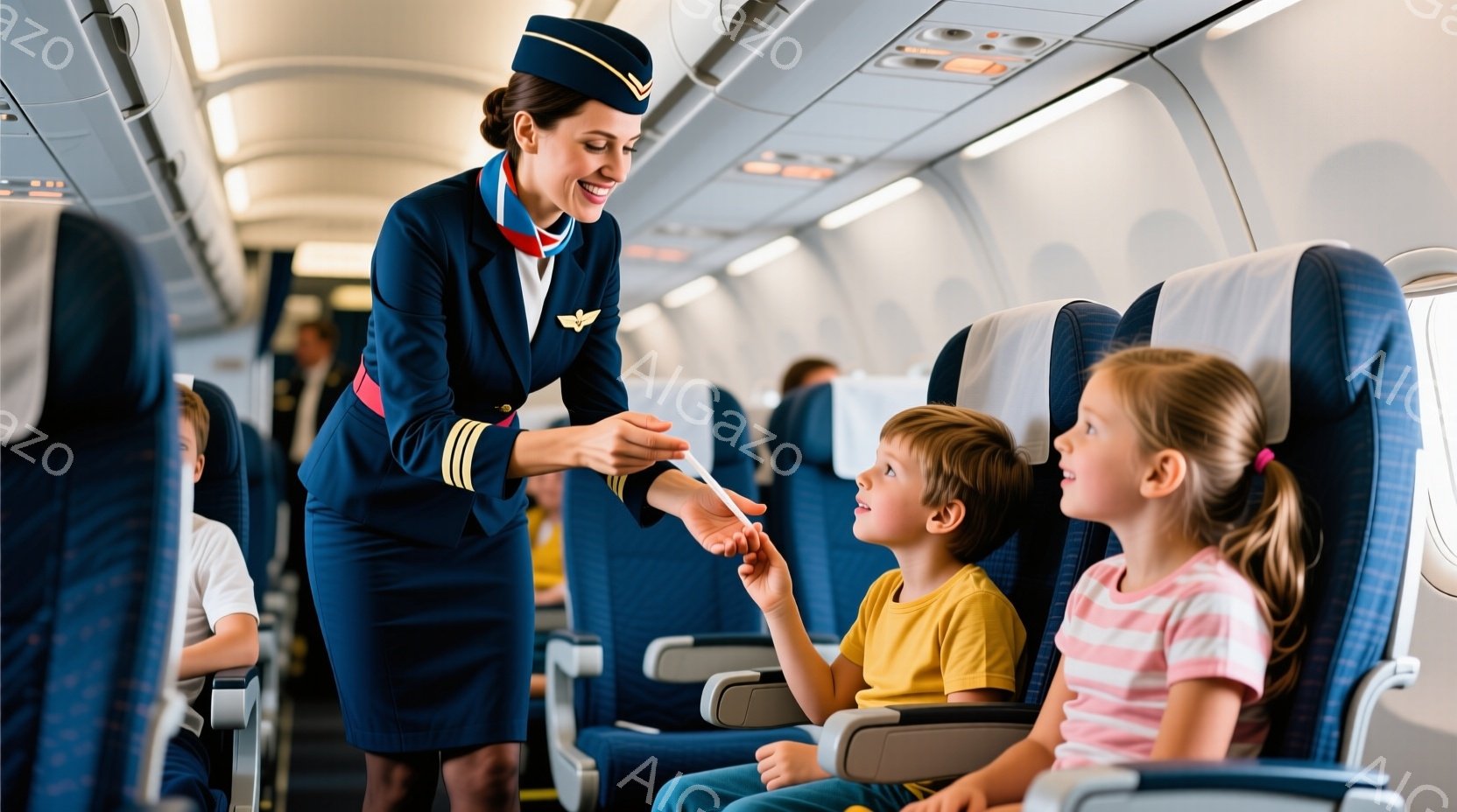 客室乗務員が、笑顔で子供たちに何かを渡そうとしている場面です。彼女は紺色の制服、帽子、そしてきちんとしたヘアスタイルで、子供たちは飛行機の座席に座り、興味津々で彼女を見つめています。背景には、他の乗客の姿が見え、飛行機内ということがわかります。
