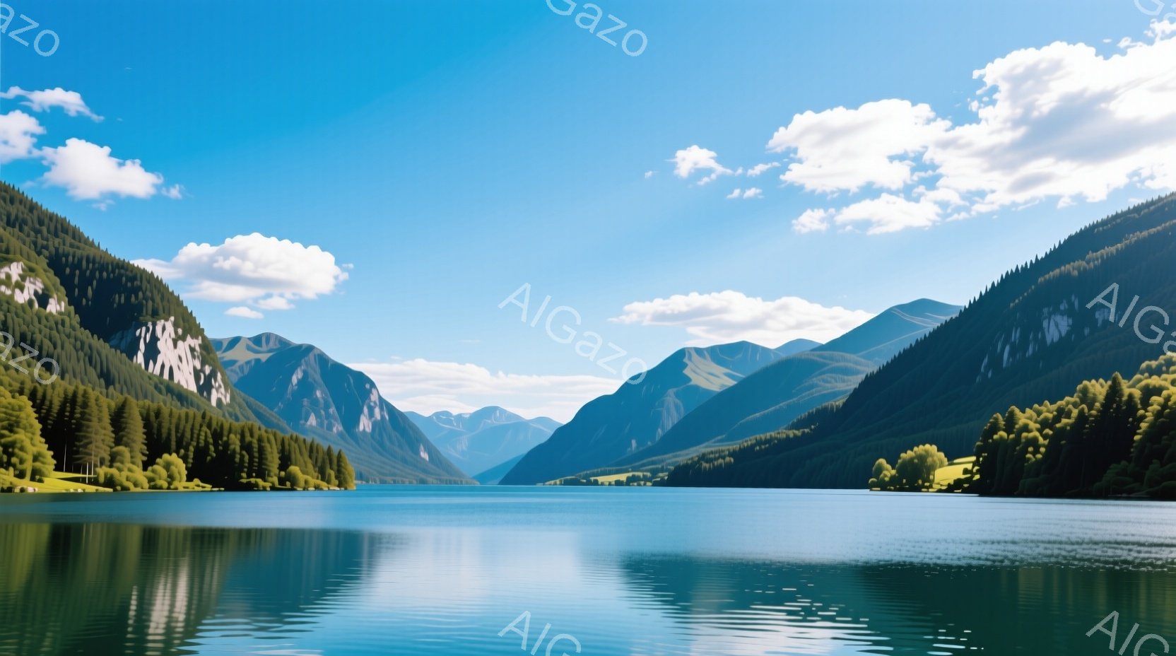 広大な湖が、緑豊かな山々に囲まれて穏やかに広がっている。湖面は鏡のように静かで、山々の美しい姿と空の青さを映し出している。晴天の下、自然の雄大さと静寂が感じられる、平和な風景だ。