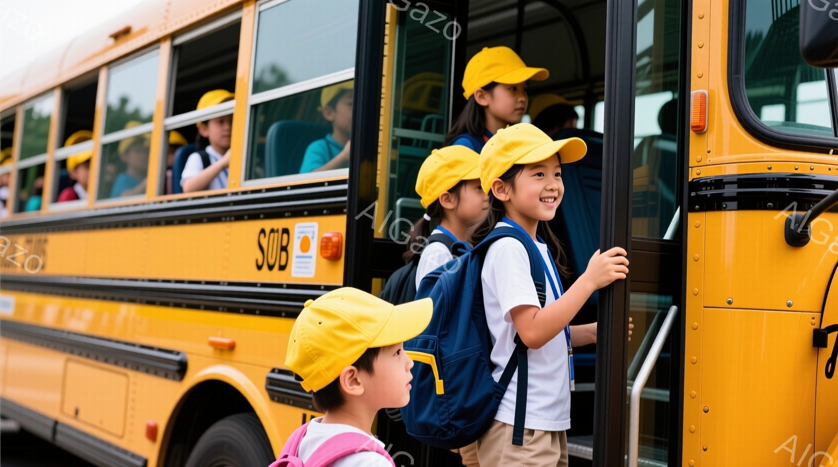 黄色のスクールバスから子供たちが降りています。全員が青いシャツと白いショートパンツ、そして黄色い帽子をかぶっており、それぞれ背中に青いリュックサックを背負っています。背景には緑豊かな木々が見え、晴れた日の明るい雰囲気を感じられます。