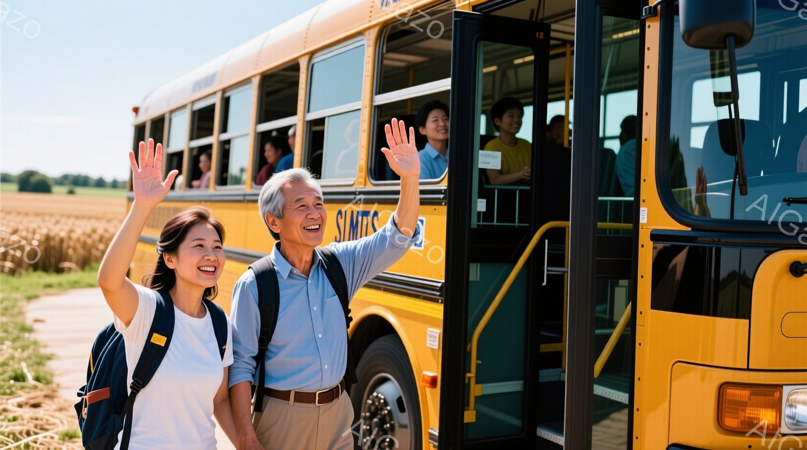 黄色いスクールバスの前に立つ女性と男性が写っています。女性は黒いバックパックを背負い、男性は青いシャツとベージュ色のズボンを着用しており、二人とも笑顔で手を振っています。背景には緑豊かな草原と、遠くに - AI生成フリー素材