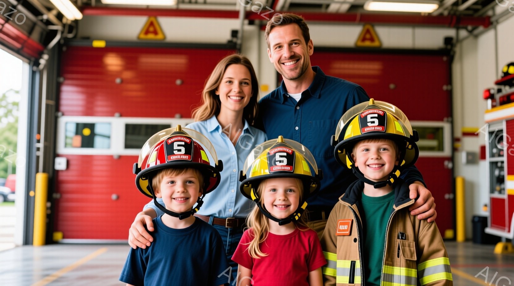 消防署の中と思われる場所で、母親と父親と３人の子供たちが消防士のヘルメットを被って笑顔で並んでいます。母親は肩出しのブラウス、父親は紺色のシャツ、子供たちはそれぞれ違う色の服を着ており、ヘルメットには「5 BROOKVILLE」と書かれています。背景には赤いシャッターと消防署内部の様子が見え、全体的に明るく温かい雰囲気です。