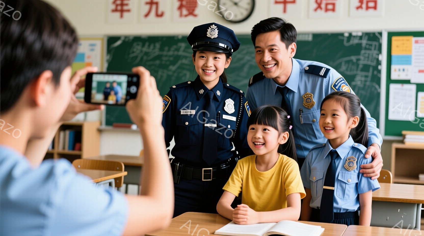 教室で、制服を着た警察官2名と、黄色いシャツを着た子供たちが笑顔でカメラに向かっている。警察官は青い制服に帽子をかぶり、子供たちは警察官に寄り添い、嬉しそうな表情をしている。背景には黒板、机、本があり、明るく温かい雰囲気が漂っている。