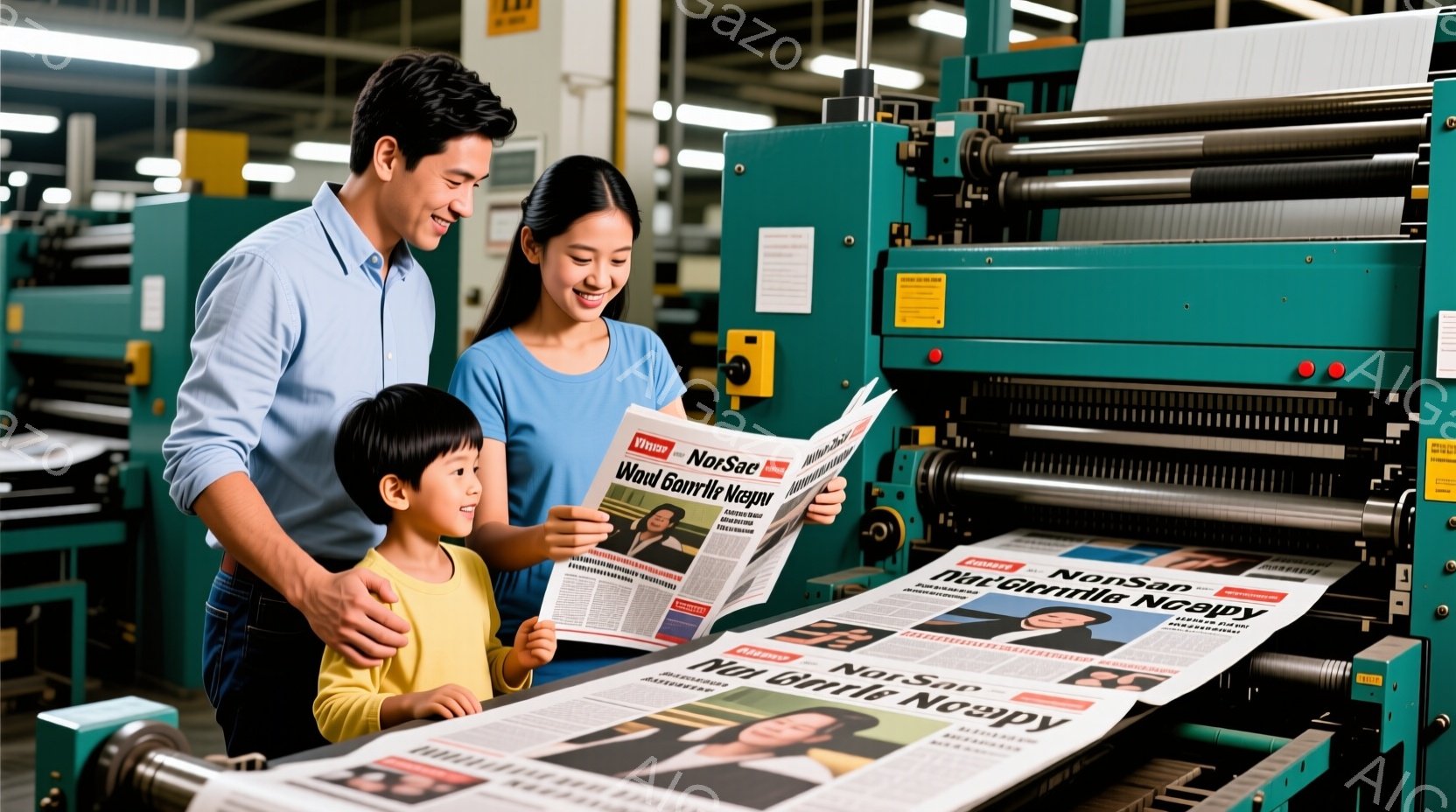 印刷機の前で新聞を見ている若い夫婦と子供が写っています。 母親は髪を後ろでまとめ、青いトップスを着て笑顔で新聞を見ています。 父親は黒いシャツを着て、少し後ろに立って娘と一緒に新聞を見ており、背景には工業的な機械と設備が広がっています。