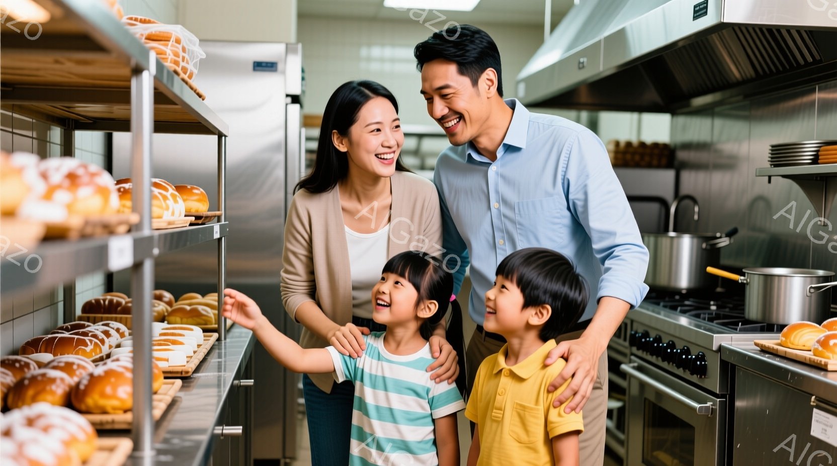 笑顔の家族がパン屋の棚の前で立っています。母親はベージュのカーディガンに薄いブルーのシャツ、娘はストライプのシャツとジーンズ、父親と息子はそれぞれ薄いブルーと黄色のシャツを着ています。背景にはステンレス製の調理台や鍋が並び、明るく温かい雰囲気です。