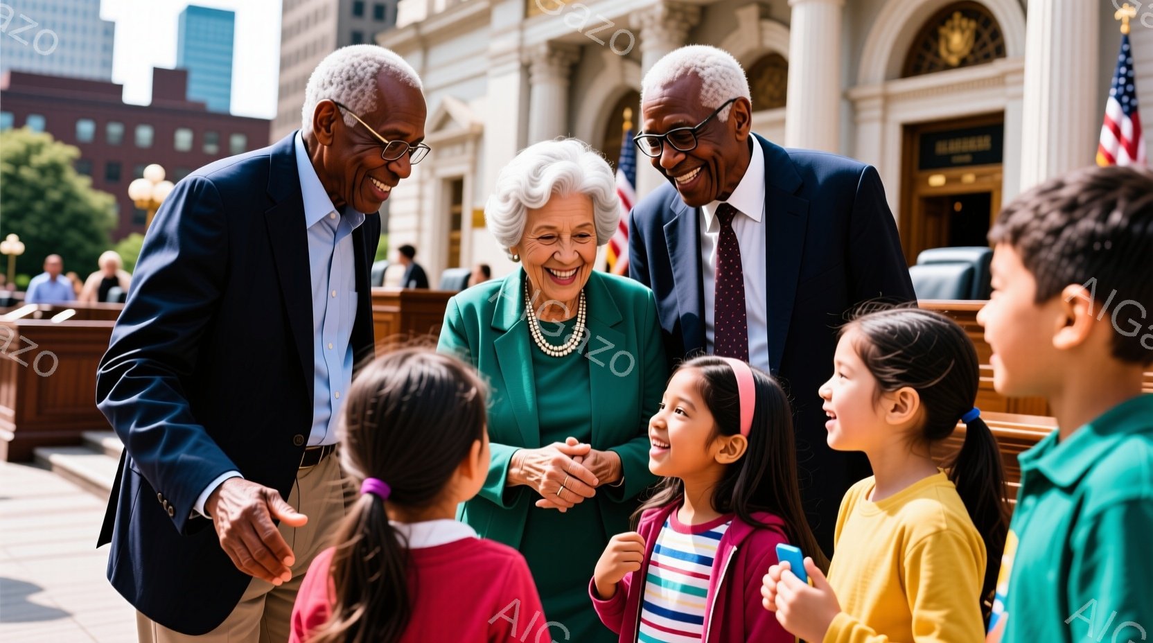 年配の黒人男性と白髪の女性が、数人の若い子供たちと屋外で話しています。男性は紺色のジャケットに水色のシャツを着ており、女性はエメラルドグリーンのジャケットと真珠のネックレスを着用しています。背景には石造りの建物と青空が見え、全体的に明るくポジティブな雰囲気です。