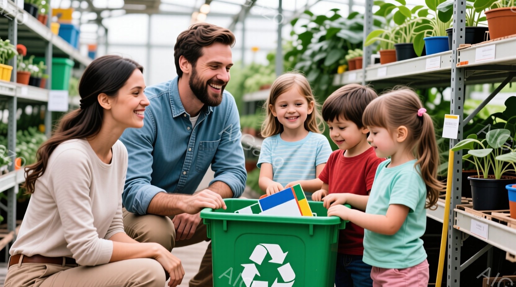 園芸店の棚の前で、笑顔の女性と男性、そして３人の子どもたちがリサイクルボックスに何かを投げ入れています。女性は長い茶色の髪で、白いシャツを着ています。男性は髭を生やしており、デニムのシャツを着て、子どもたちはカラフルなTシャツと短パンまたはスカートを着用し、皆楽しそうにリサイクル活動に参加しています。