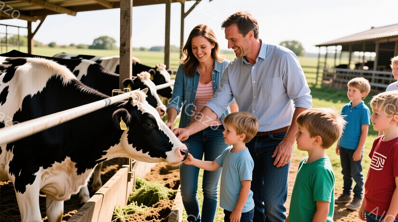牧場の柵の前に、家族が立って黒い Holstein 牛に手を伸ばしています。母親はジーンズと薄いピンクのシャツを着て微笑み、父親はチェックのシャツを着て、牛と息子を見ながら笑っています。背景には、他の牛がいる牧草地と木製の建物が見え、天候は晴れで明るく、家族の温かい雰囲気が伝わってきます。
