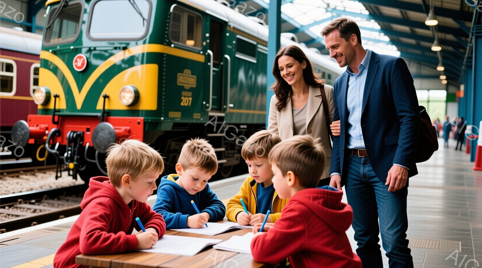 鉄道車両の前に、3人の少年がテーブルを囲んで何かを書き込んでいる。少年たちは皆金髪で、それぞれ青、黄色、赤色の服を着ており、集中してペンを走らせている。背景には緑色の機関車が見え、母親と父親が笑顔で彼らを見守っており、明るく活気のある雰囲気である。