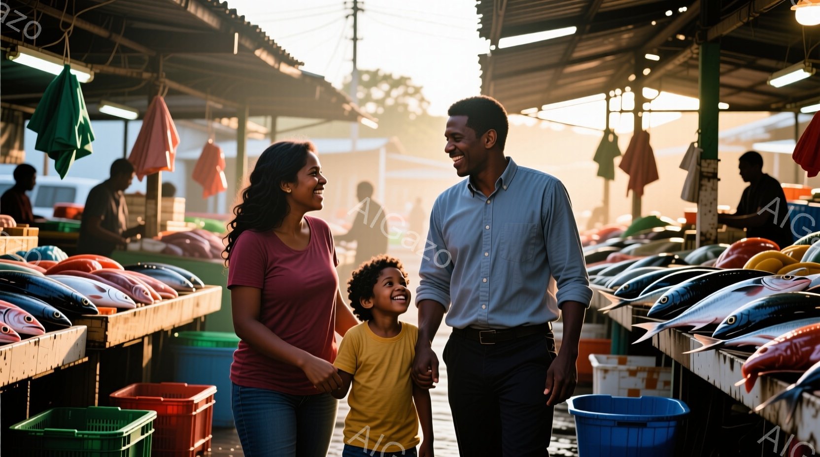 一組の家族が市場を歩いている様子が写っている。母親は赤色のTシャツとジーンズ姿で、巻き毛が肩まで伸びている。父親は薄い青色のシャツを着ており、幼い息子と手をつないで楽しそうに笑っている。背景には、様々 - AI生成フリー素材