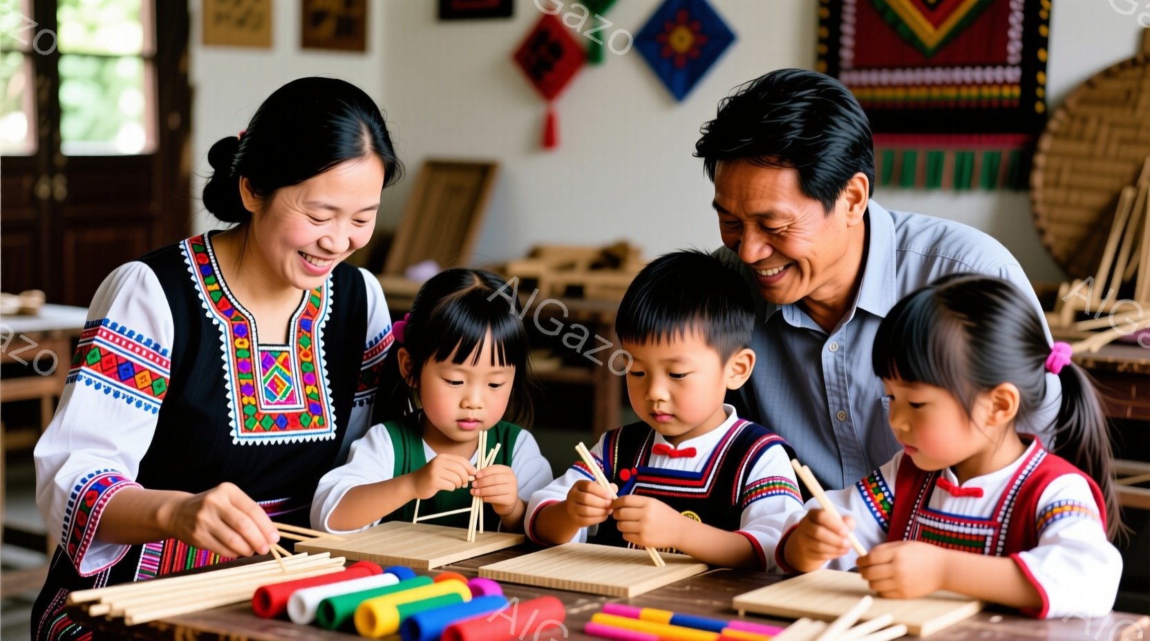 鮮やかな民族衣装を身に着けた女性と３人の子供たちが、竹細工のような作業に集中しています。女性は黒いベストに、子供たちは赤と白の縁取りが施された緑色のシャツを着ており、皆笑顔で作業に取り組んでいます。背景には、カラフルな布や竹細工が飾られ、温かく家庭的な雰囲気が漂っています。