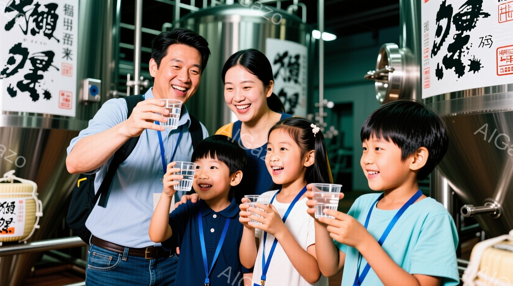 笑顔の家族が醸造所の前でグラスを掲げています。父親は薄い水色のシャツ、母親は黒髪を後ろで束ね、白いシャツを着ています。3人の子供たちは紺色のセーターを着ており、それぞれが楽しそうにグラスを傾けています。