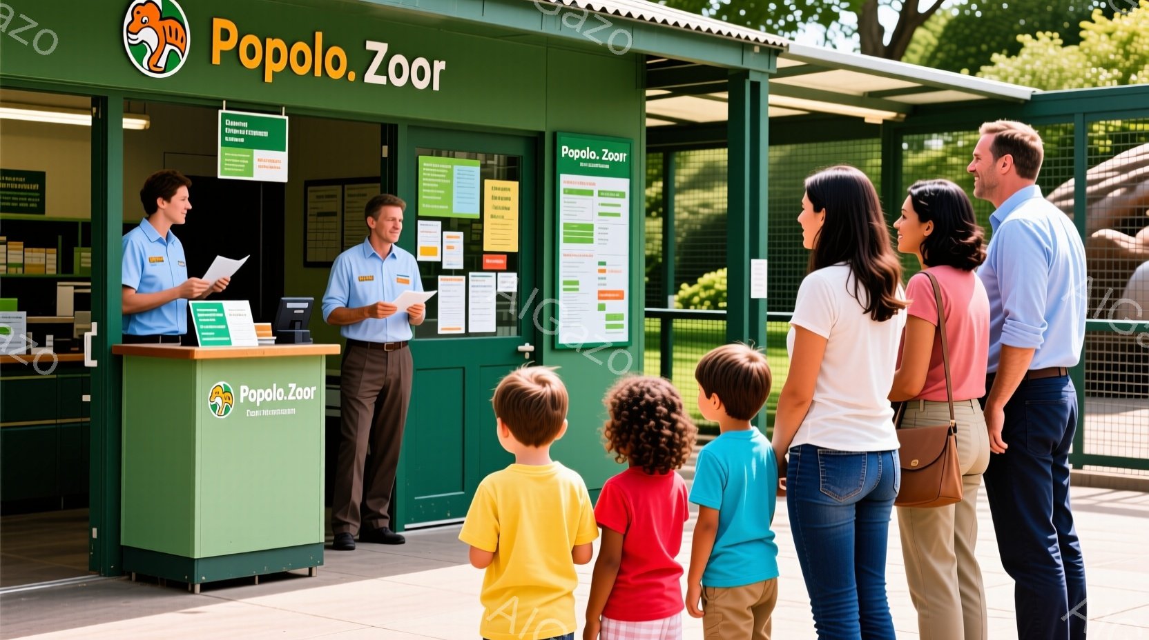 動物園の入り口と思われる場所で、制服を着た2人のスタッフが家族連れに話しかけています。母親はジーンズと赤いシャツを着ており、父親は青いポロシャツを着ています。子供たちはそれぞれ黄色とオレンジ色のシャツを着ており、全員がスタッフの方を見て笑顔で話を聞いている様子で、天気は晴れで、動物園の入り口の建物が背景に見えます。