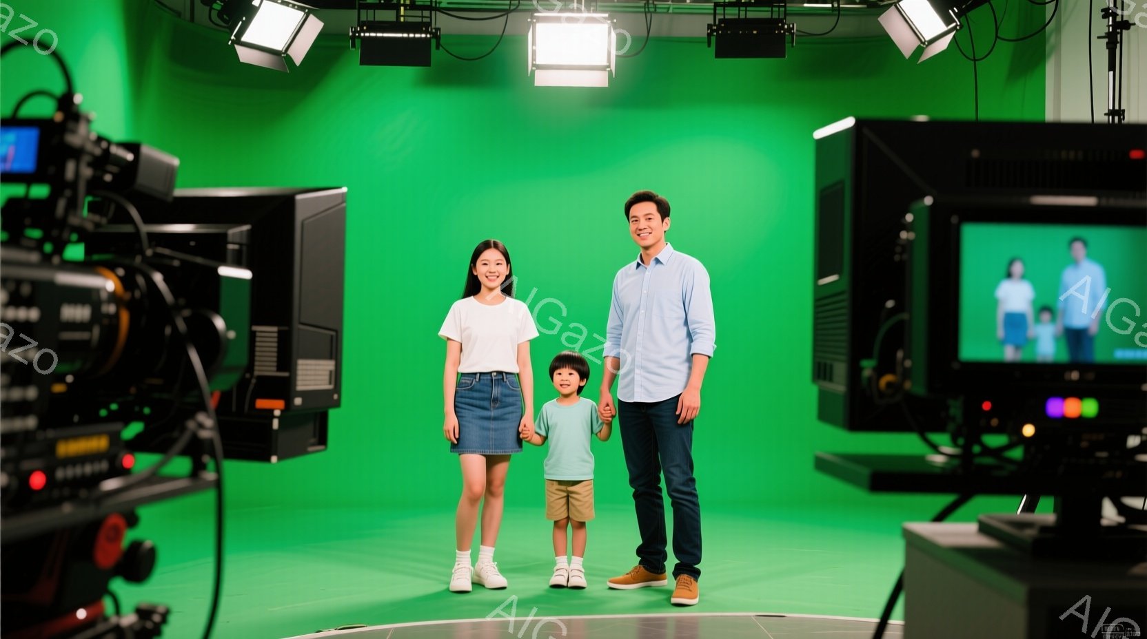 少女と少年が緑色の背景の前で手をつないで立っています。少女は白いTシャツとデニムのスカート、少年はオレンジ色のTシャツとカーキ色のズボンを着用しており、二人とも白いスニーカーを履いています。背景には撮影機材が見え、テレビ画面には家族の写真が映っており、全体的にスタジオ撮影の雰囲気です。