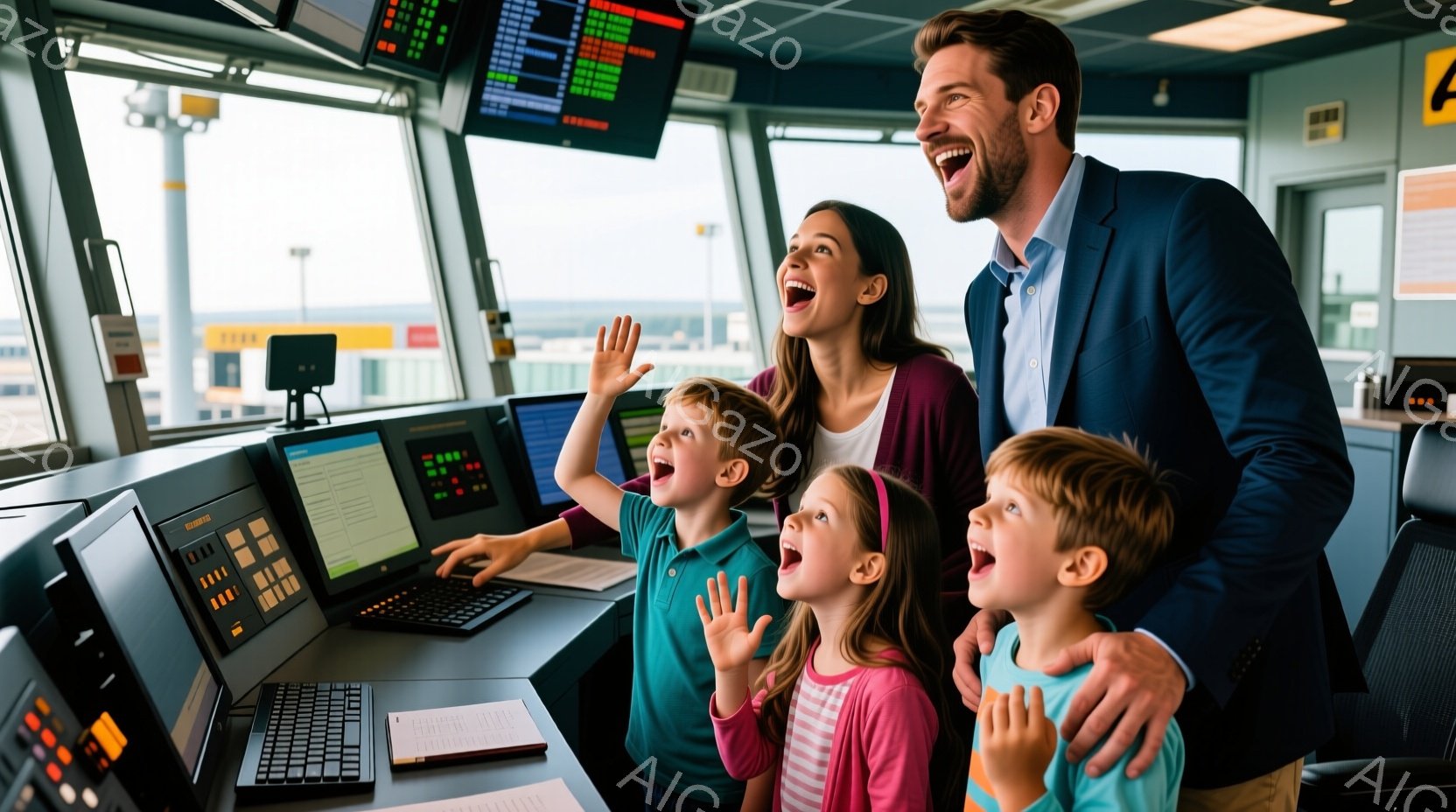 画面には、男の子と女の子2人、そして母親と父親が、まるで操縦室のような場所で興奮した様子で何かを見つめている様子が写っています。父親は黒いスーツを着ており、母親は白いブラウスを着ています。子供たちはカラフルなTシャツを着ていて、皆、手を高く上げて笑顔で何かを見つめており、全体的に明るく、楽しげな雰囲気です。