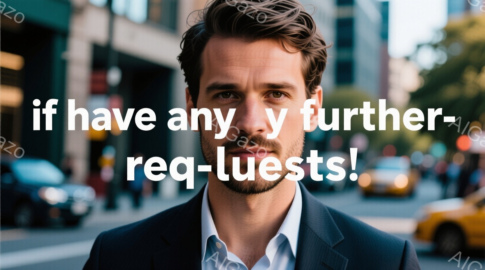 この男性は、紺色のスーツに白いシャツを着て、カメラの方を見ています。彼の髪はダークカラーで、整髪されており、顔には髭があります。背景には、ぼやけた街並みとタクシーが見え、全体的に都会的で洗練された雰囲気です。