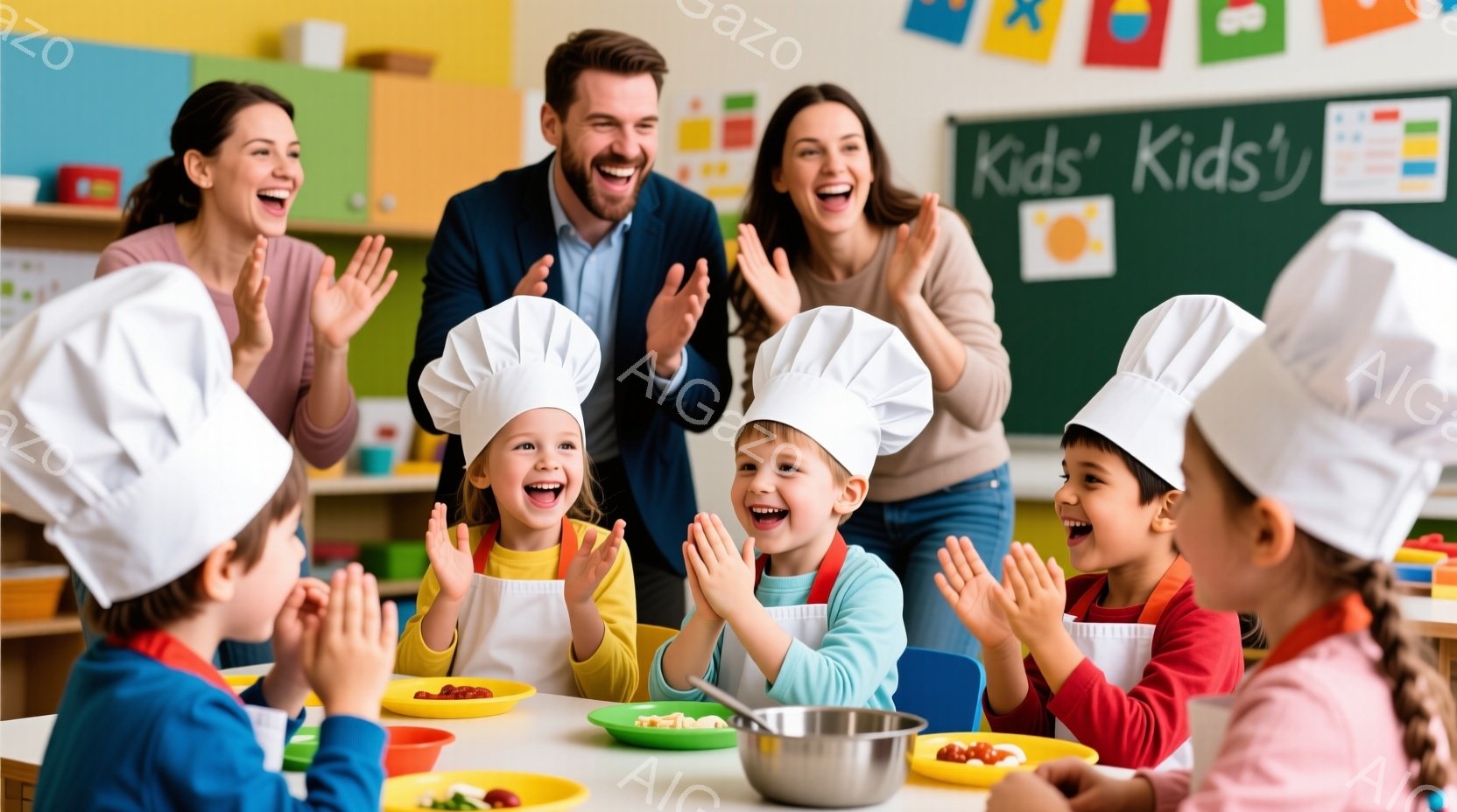幼い子供たちがコック帽とエプロンを身につけ、テーブルを囲んで拍手しています。背景には、笑顔の大人2人がおり、明るい教室には色とりどりの食材や調理器具が置かれています。全体的に、楽しげで活気のある料理教室の様子が伝わってきます。