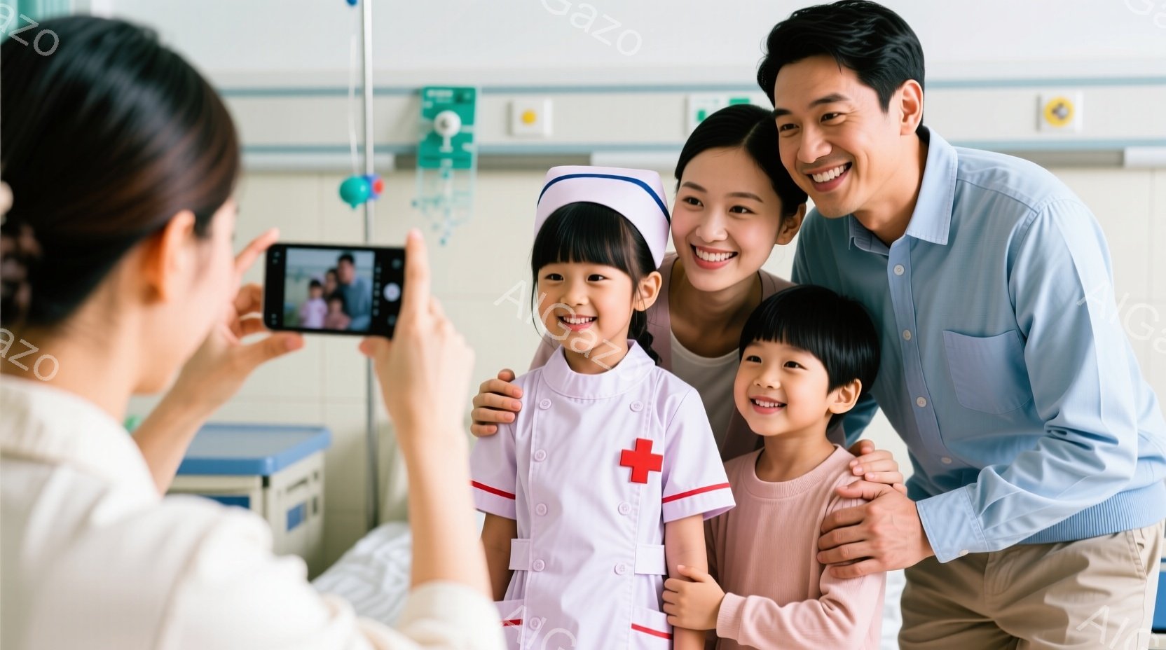 少女が看護師の衣装を着ており、両親に抱きかかえられています。彼女は赤い十字のマークが入った白い制服を着ており、笑顔でカメラに向かっています。背景には病院のベッドや点滴台が見え、家族の温かい雰囲気が伝わってきます。