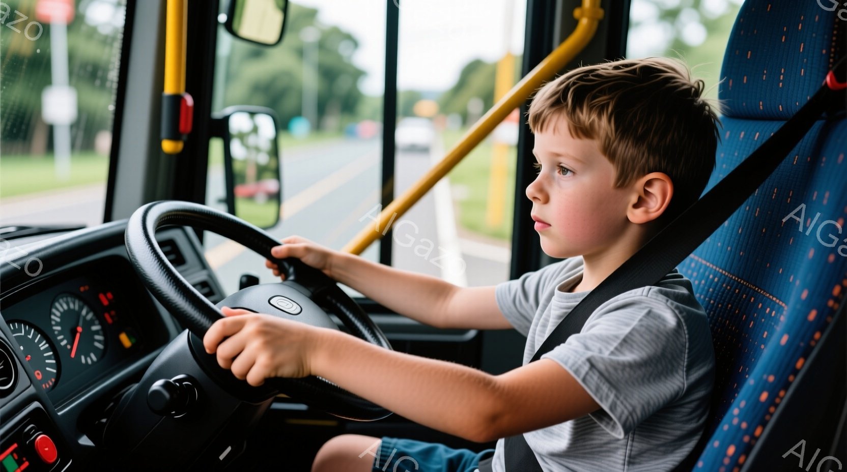少年の運転席に座り、ハンドルを握る姿が写っています。彼はグレーのTシャツと青い短パンを着ており、金髪を短く切っています。表情は真剣で、運転を楽しんでいるようです。