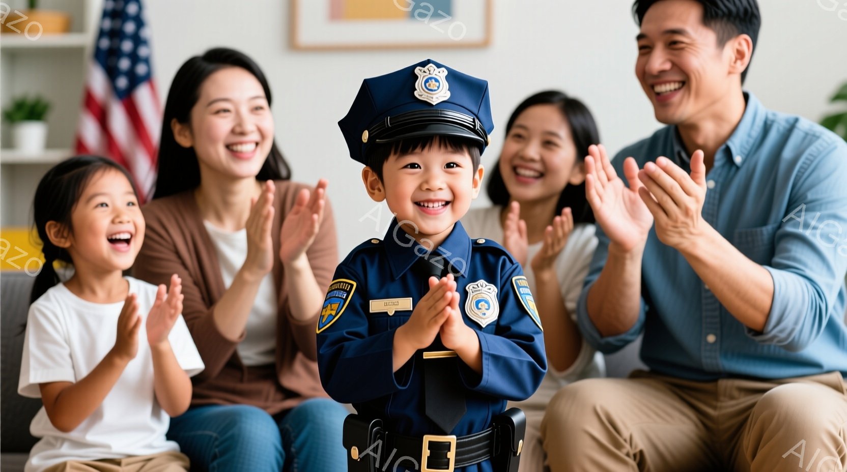 幼い男の子が警察官の制服を着て、両手を叩いて喜んでいます。背景には、笑顔で拍手している両親と妹がおり、家族全員が温かい雰囲気に包まれています。室内にはアメリカ国旗が飾られており、リビングルームのような空間であることがわかります。