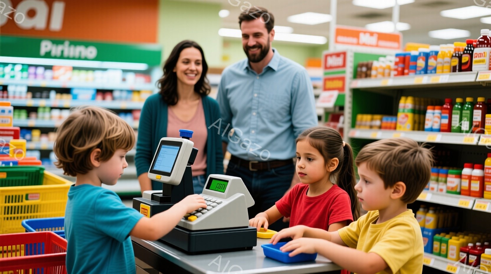 お店のレジで子供たちが遊んでいる様子が写っています。青いシャツを着た男の子がレジを操作し、赤いシャツを着た女の子と黄色いシャツを着た男の子が商品を並べています。背景には商品が並んだ棚があり、両親が笑顔で子供たちを見守っています。