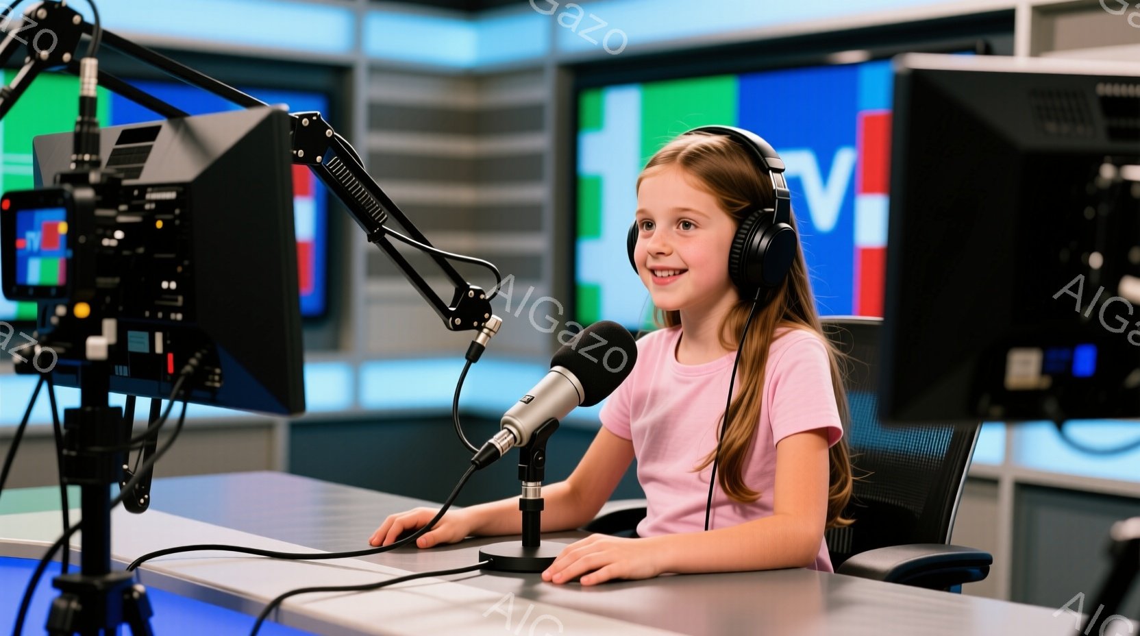 明るいピンク色のTシャツを着た若い女の子が、ヘッドホンとマイクの前で座っています。彼女は微笑んでおり、リラックスした姿勢でテーブルに手を置いているようです。背景には、カラフルなライトと技術的な機器が並ぶスタジオのような場所が広がっており、活気のある雰囲気です。