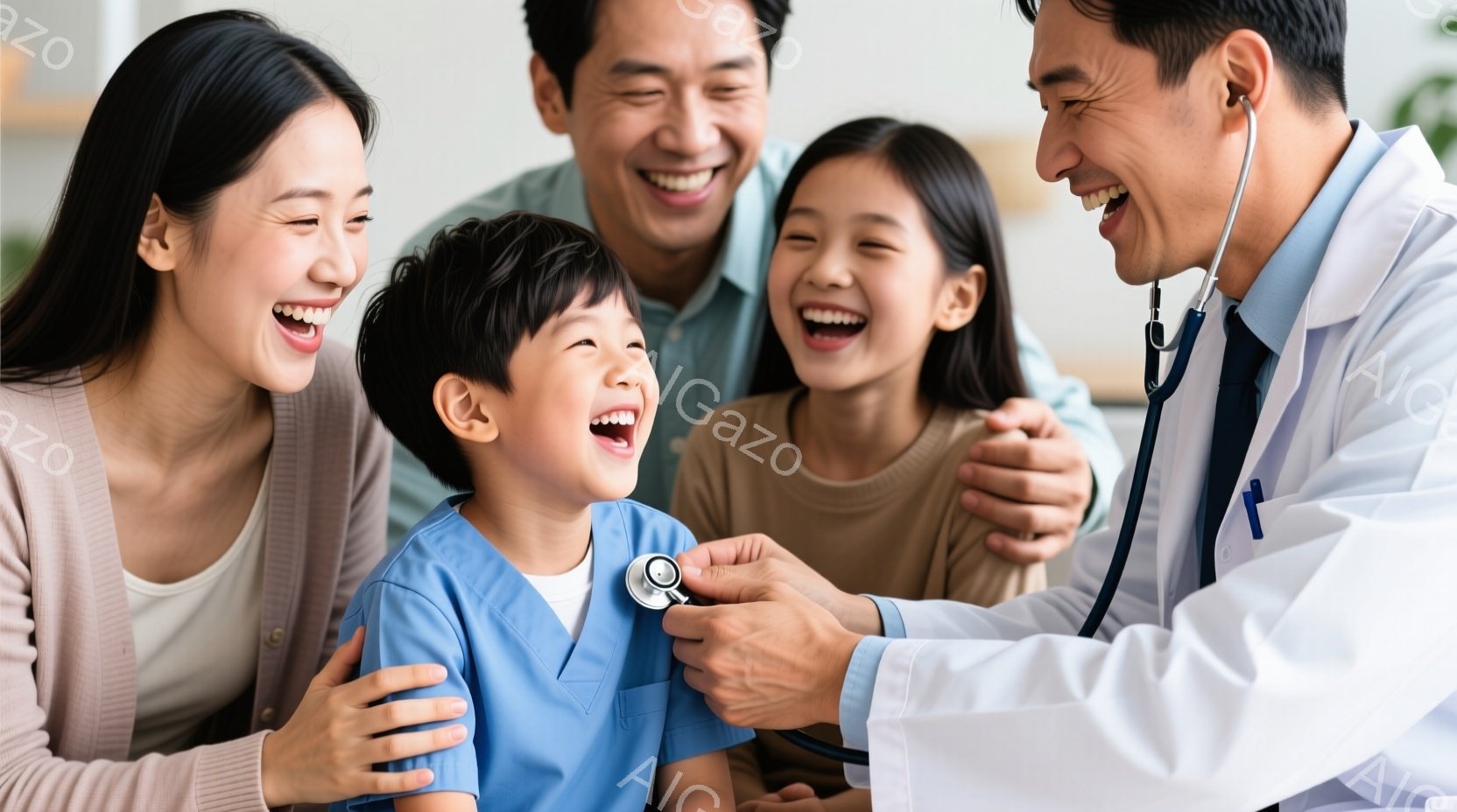 笑顔の家族と医師が写っている。母親はベージュのカーディガンを着ており、父親と娘はカジュアルな服装で、皆明るい表情をしている。医師は白衣を着て聴診器を少年（青いシャツを着ている）の胸に当てており、温かく安心できる雰囲気が漂っている。