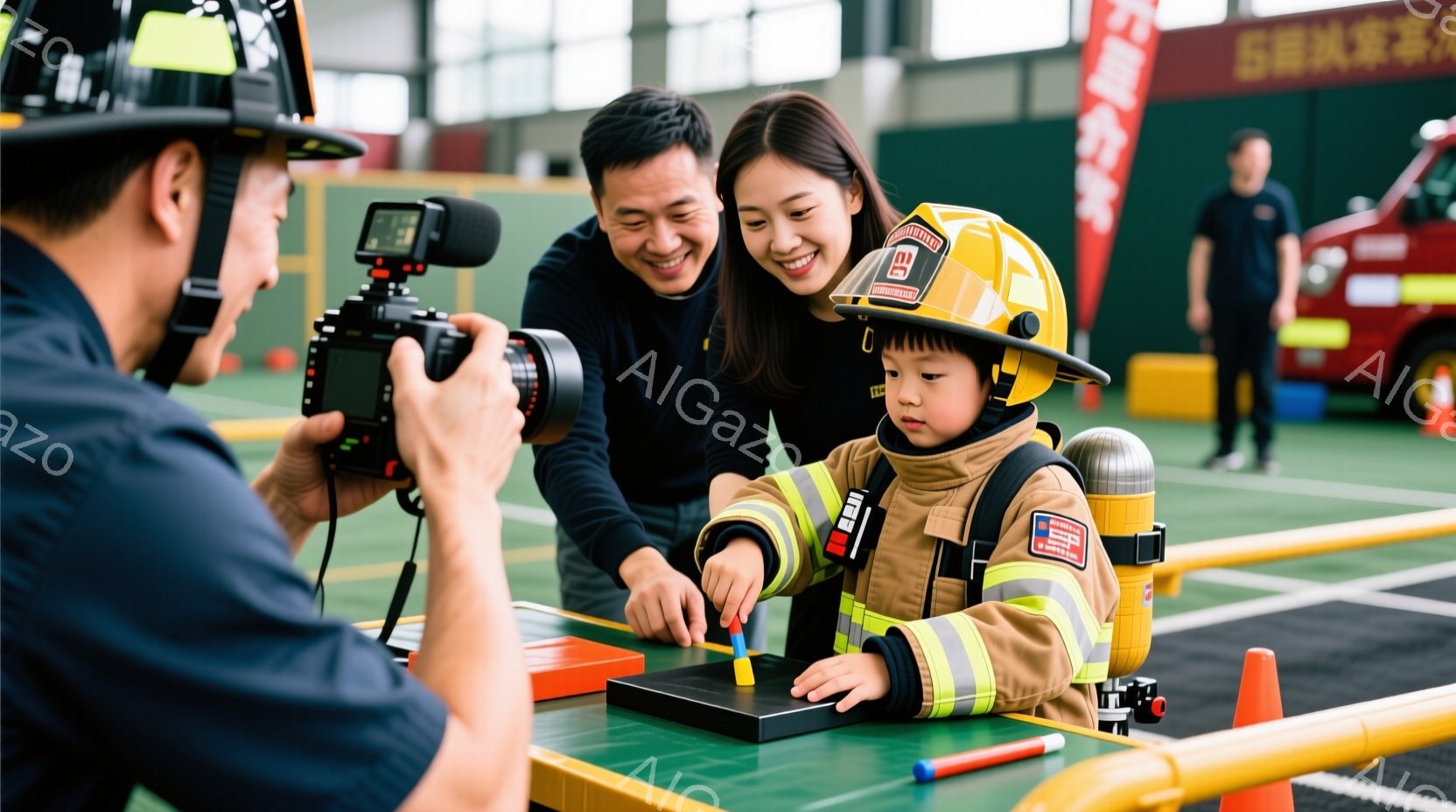 消防士の制服を着た幼い男の子が、何かを描いているところを、両親が嬉しそうに見守っています。母親は微笑み、父親はカメラを持って男の子の様子を撮影しています。背景には他の人が見え、消防署のような屋内施設で、子供向けの体験学習が行われている様子がうかがえます。