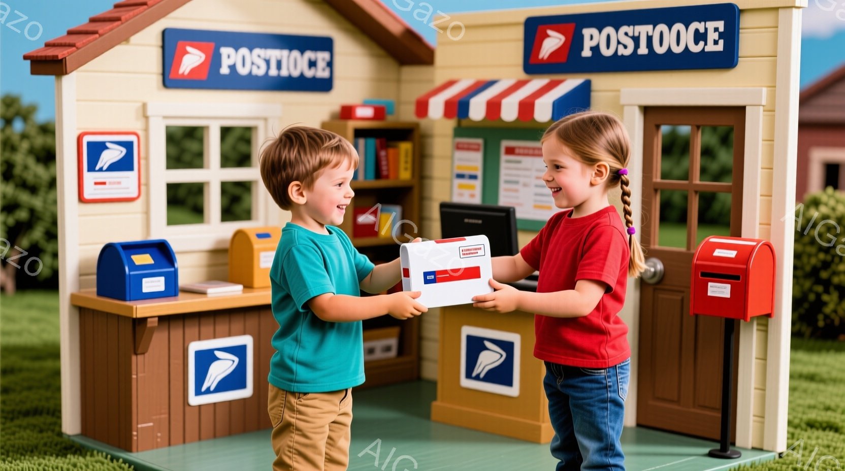 茶髪の少年と少女が、おもちゃの郵便局で手紙を交換している様子が写っています。少年はターコイズブルーのTシャツとベージュのズボンを着用し、少女は赤いTシャツとジーンズを着用しており、どちらも笑顔で楽しそ - AI生成フリー素材