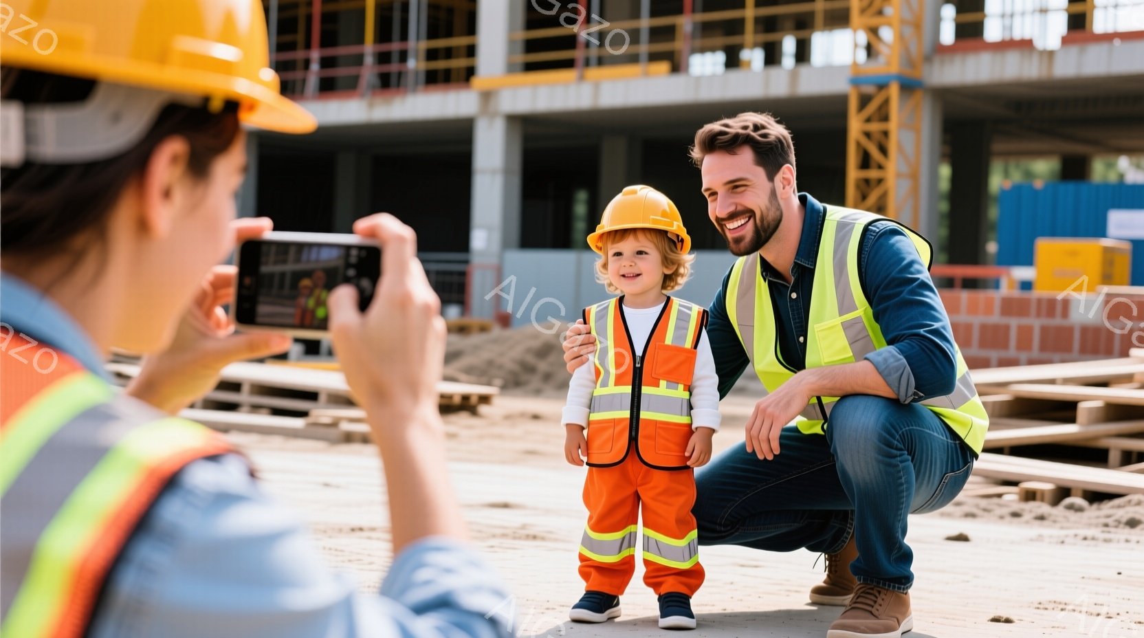 作業現場で、オレンジ色の作業着とヘルメットを着用した幼い男の子が立っており、父親らしき男性がその様子をスマートフォンで撮影している。男性はしゃがみ、笑顔で息子を見つめており、背景には建設中の建物や資材が写っている。晴天の下、明るく温かい雰囲気が漂っている。