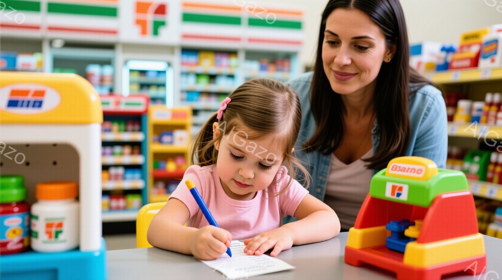 小さな女の子が、おもちゃのレジの前で書類に何かを書き込んでいます。彼女はピンクのTシャツを着ており、髪は2つの小さな三つ編みに結ばれています。背景には、おもちゃの棚や商品が並び、明るく活気のあるおもちゃ屋の雰囲気です。