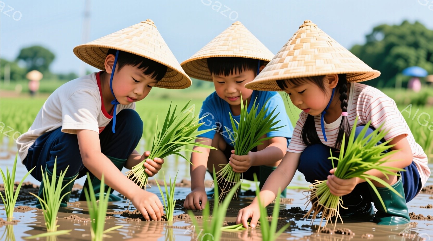 三人の子供たちが田んぼで苗を植えている様子が写っている。彼らは麦わら帽子と長靴を身につけ、集中した表情で苗を土に挿している。背景には緑豊かな田んぼと青空が広がり、穏やかで平和な雰囲気が漂っている。