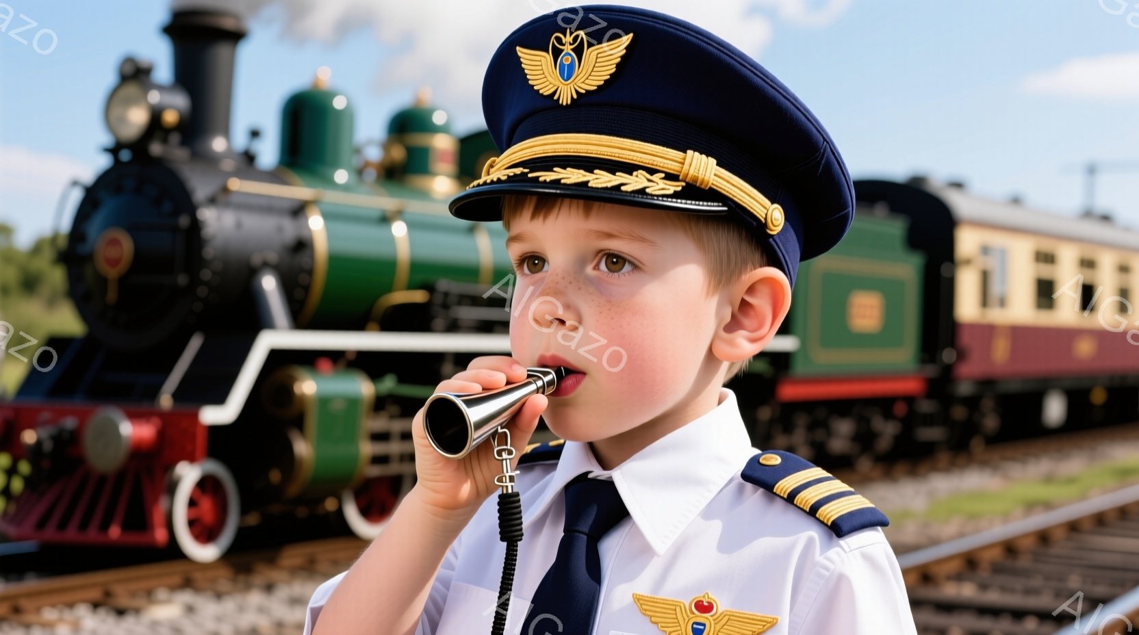 小さな少年が機関士風の制服を着て、汽笛のようなものを口にくわえ、吹こうとしている。彼は白いシャツにネクタイ、肩章と帽子が特徴的で、少しいたずらっぽい表情をしている。背景には赤い蒸気機関車が写り、青い空と緑の草地が広がり、晴れた日の穏やかな雰囲気が漂っている。