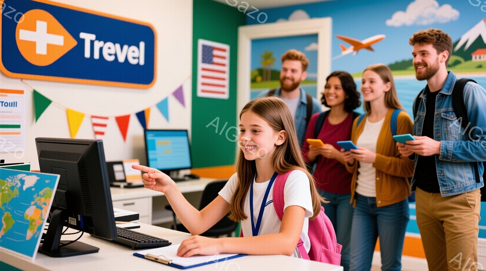 少女がコンピューターの前で何かを指し示し、笑顔で何か説明している様子が映っています。背景には、アメリカ国旗や飛行機が描かれた壁があり、他の大人がスマートフォンを見たり、興味深そうに少女を見つめたりしています。全体的に明るく、旅行代理店のような、活気のある雰囲気です。
