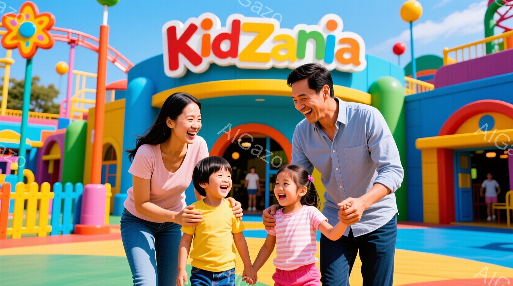 笑顔の家族が、カラフルな遊園地「キザニア」の入り口の前で腕を組んで立っています。母親はピンクのTシャツ、父親は水色のシャツ、そして二人の子供たちはそれぞれ黄色とピンクのTシャツを着ています。背景には、明るい色彩の建物や遊具が見え、晴れた空の下、楽しい雰囲気が漂っています。
