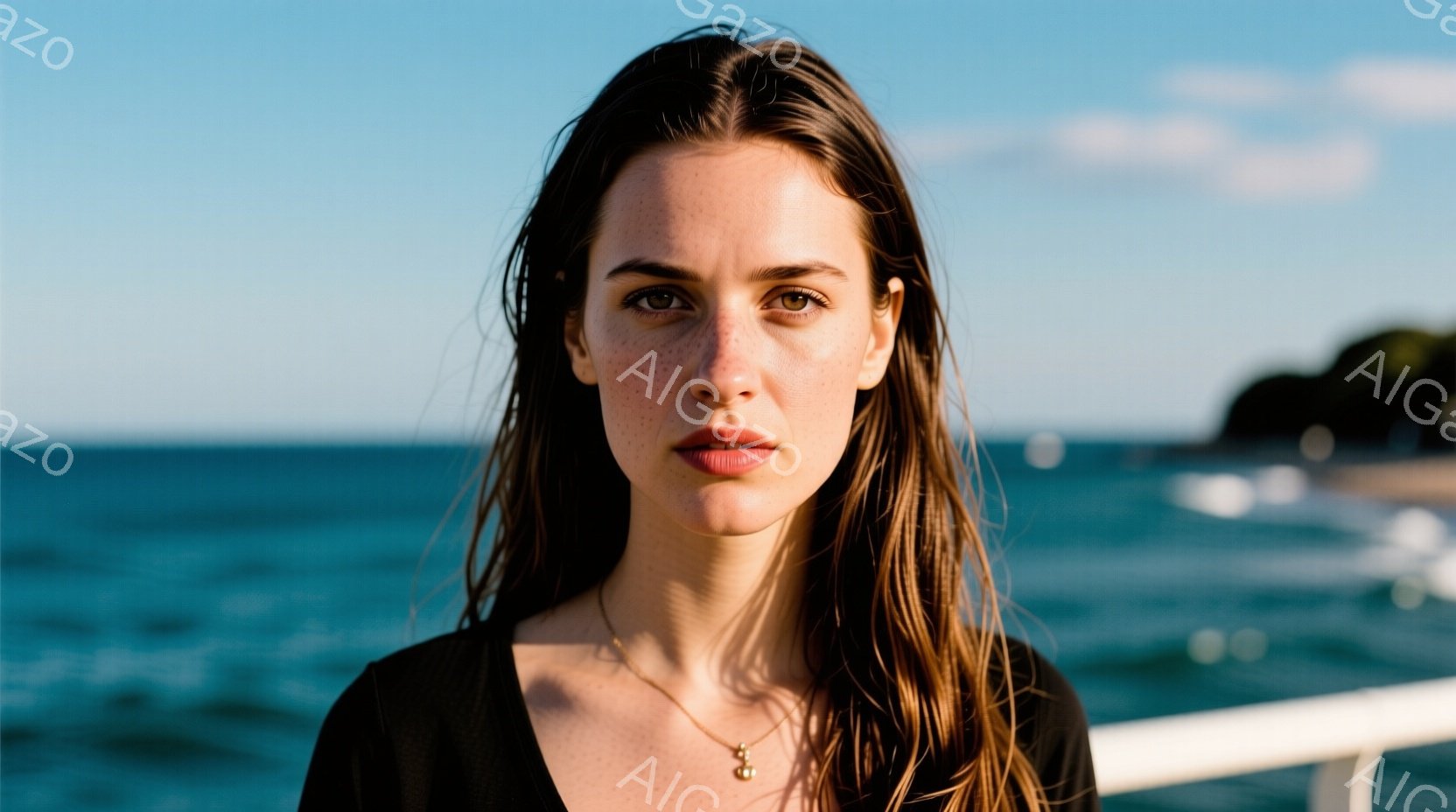 明るい日差しの中で、そばかすのある女性が写っている。黒いトップスを着て、少しウェーブのかかった長い髪は肩にかかっている。背景には青い海と白いフェンスが見え、穏やかで自然な雰囲気を醸し出している。