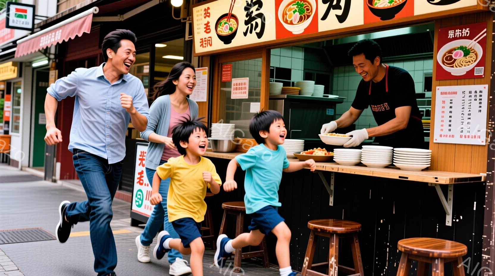 家族が賑やかな通りを走っている様子が写っている。母親は花柄のワンピース、父親と息子はそれぞれ青いTシャツと短パンを着ており、笑顔で楽しそうにしている。背景にはラーメン屋があり、赤い看板と手前に置かれたスツールが目に留まり、晴れた日の活気ある街並みが感じられる。