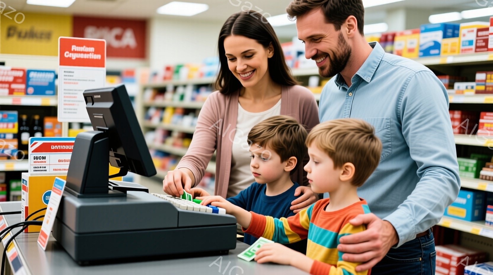 親子三人がスーパーマーケットのレジの前で立っています。母親は明るい笑顔で、レジの画面を指し示し、息子たちは興味津々に見上げています。背景には商品棚が並び、明るく清潔な雰囲気のスーパーマーケット内であることがわかります。