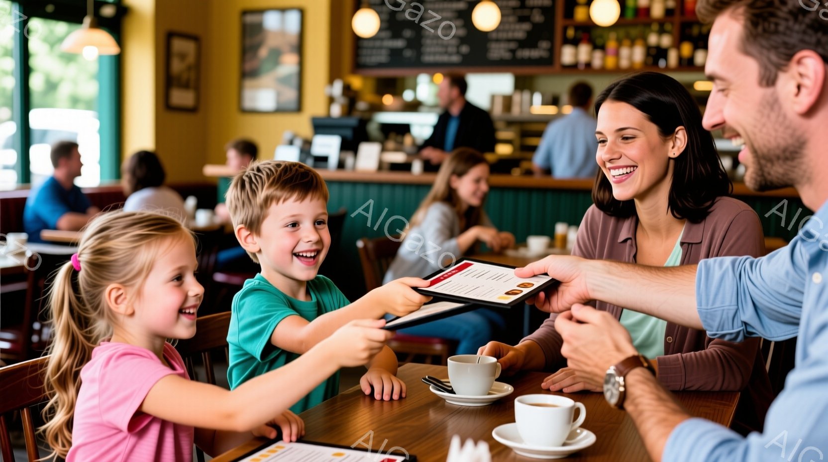 幼い男の子が母親にメニューを渡そうとしており、両親とも笑顔を浮かべている。女の子は明るいピンク色の服を着ており、短い金髪が特徴的だ。背景にはカフェのカウンターや他の客が見え、温かみのある光が差し込んで - AI生成フリー素材