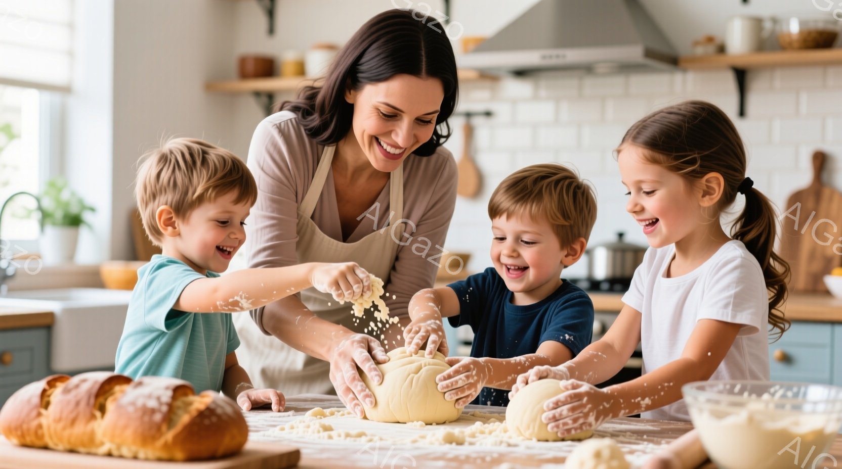 明るいキッチンで、エプロンを着た女性が、小麦粉をまぶしたパン生地をこねています。彼女の周りには、小麦粉で顔を汚しながら、楽しそうにパン作りを手伝う二人の子供たちがいます。背景には、木製の棚や調理器具が見え、家族の温かい雰囲気が漂っています。