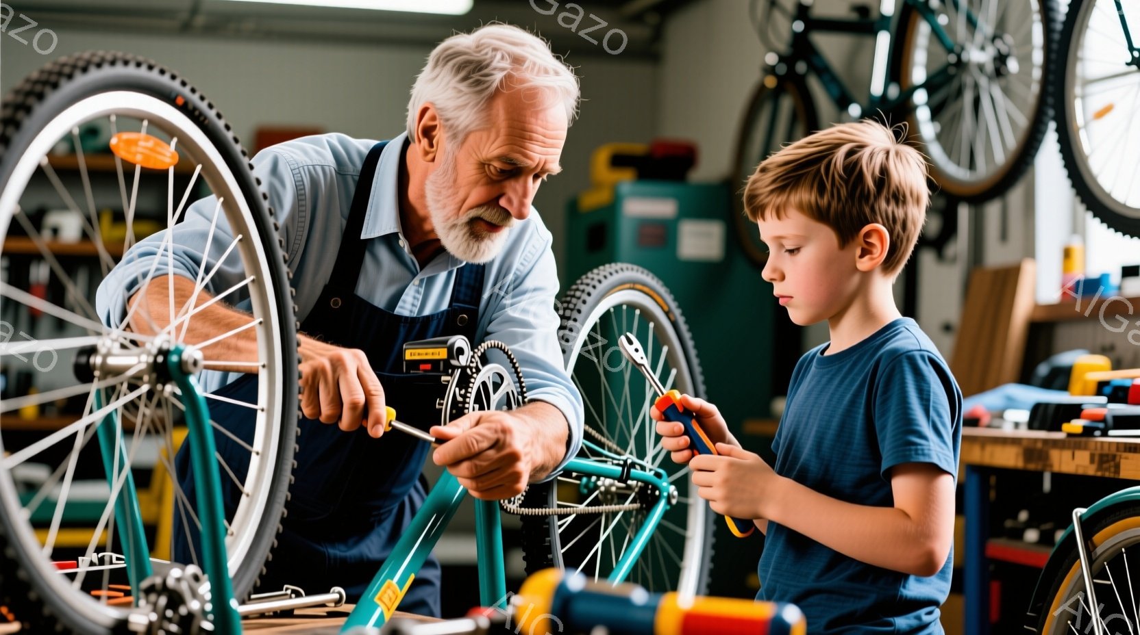 白髪で顎髭を生やした男性と少年が自転車の修理をしている写真です。男性はオーバーオールを着てレンチを使って自転車の部品を調整しており、少年は工具を持ってそれに集中した表情をしています。背景には他の自転車や工具が並び、自転車修理工場のような雰囲気で、温かく親密な時間が感じられます。
