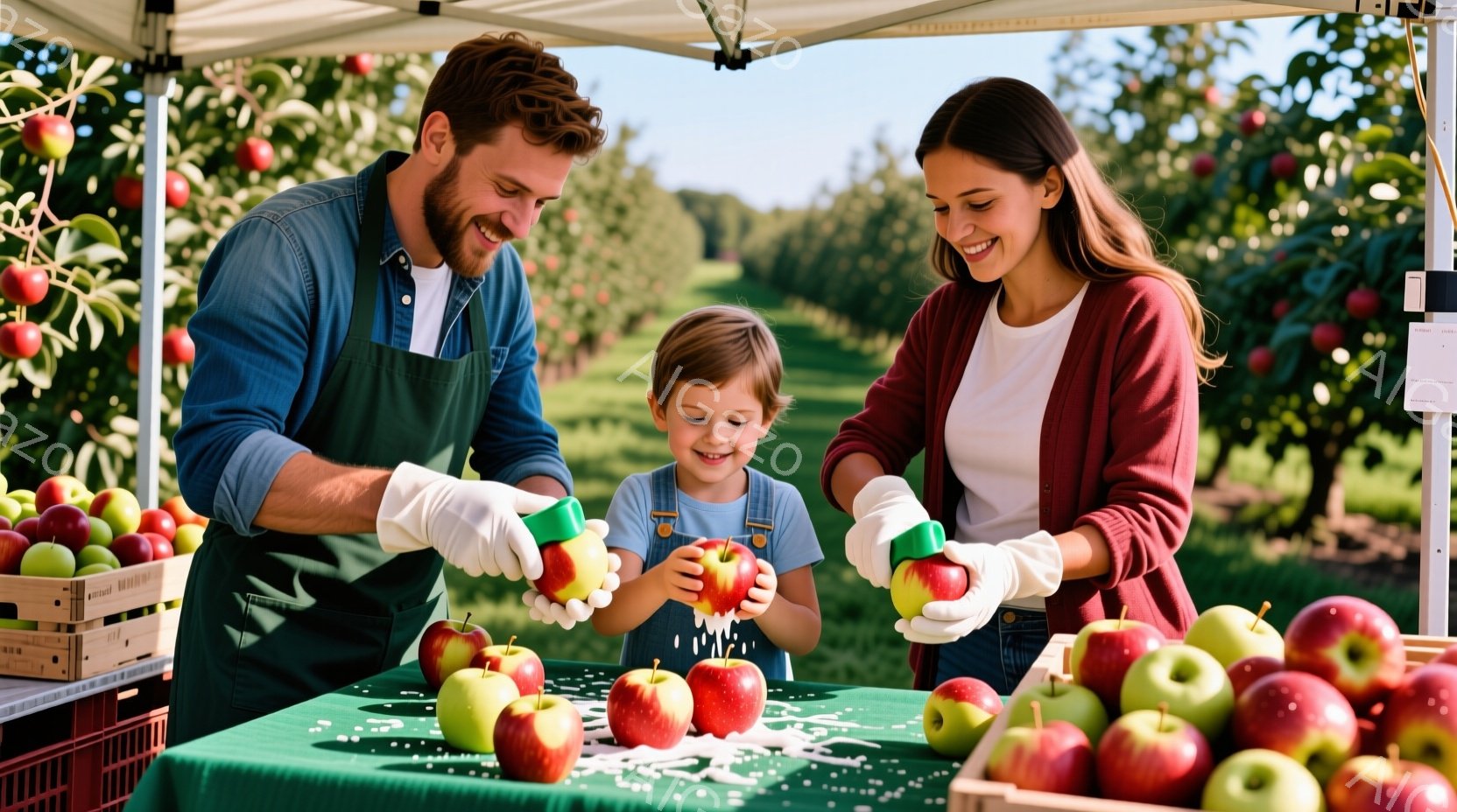 濃い髪と髭を生やした男性、ブロンドの長い髪の女性、そして幼い子供が、緑色のテーブルの上に並べられた赤いリンゴと緑のリンゴを取り囲んでいます。彼らは皆、白い手袋を着用し、リンゴを手に持っています。背景に - AI生成フリー素材