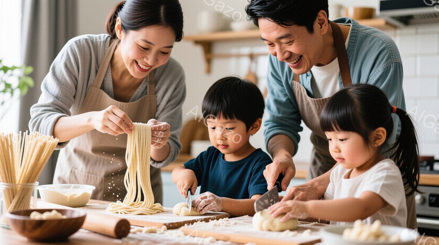 明るいキッチンで、エプロンを着た母親と父親、そして二人の子供が手打ちの麺を作っています。母親は長い麺を手に持ち楽しそうに笑い、父親は息子が麺を切るのを手伝っています。背景には木製のカウンターと調理器具が見え、家族の温かい雰囲気が伝わってきます。