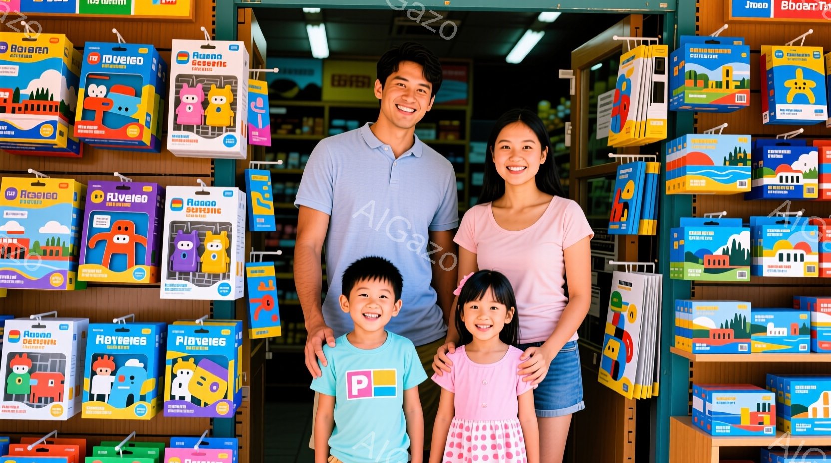 笑顔の父娘が、おもちゃ屋さんの棚の前で立っています。父親は水色のポロシャツ、娘はピンクのTシャツを着ており、二人とも明るい表情をしています。背景にはカラフルなおもちゃの箱が並び、活気のあるおもちゃ屋さ - AI生成フリー素材